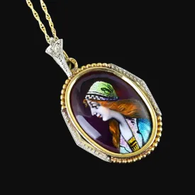 14k Gold French Limoges Enamel Portrait Pendant