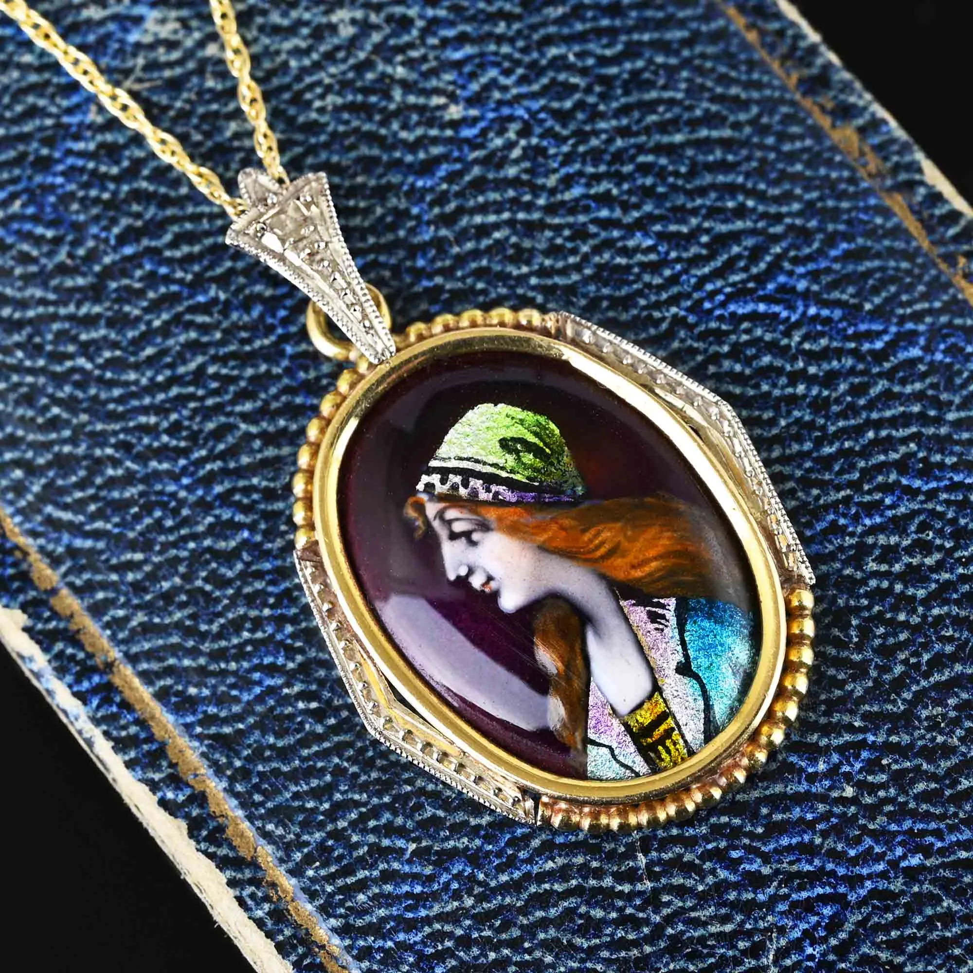 14k Gold French Limoges Enamel Portrait Pendant