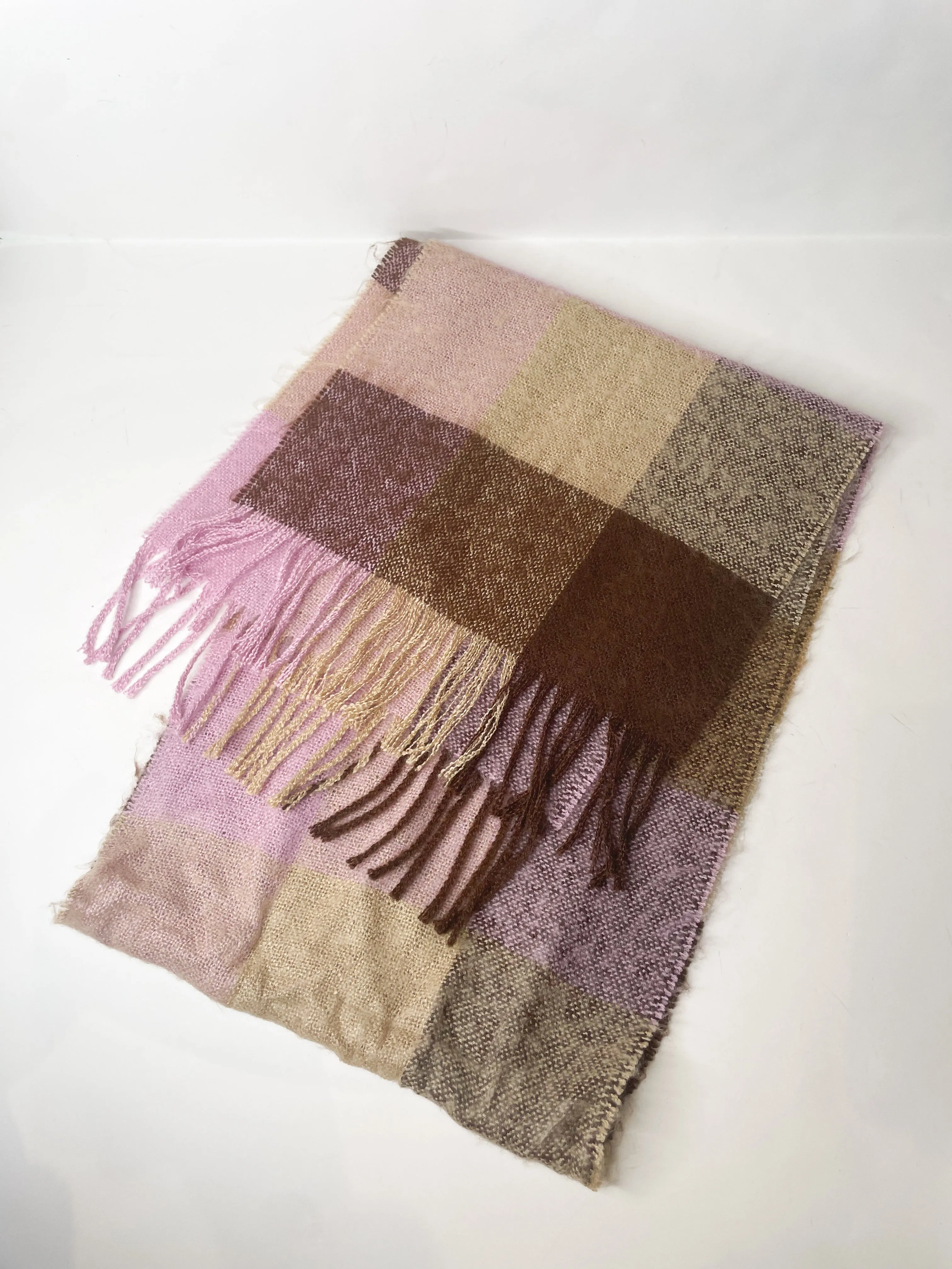 Careta Lilac Taupe Checker Knit Fringe Scarf