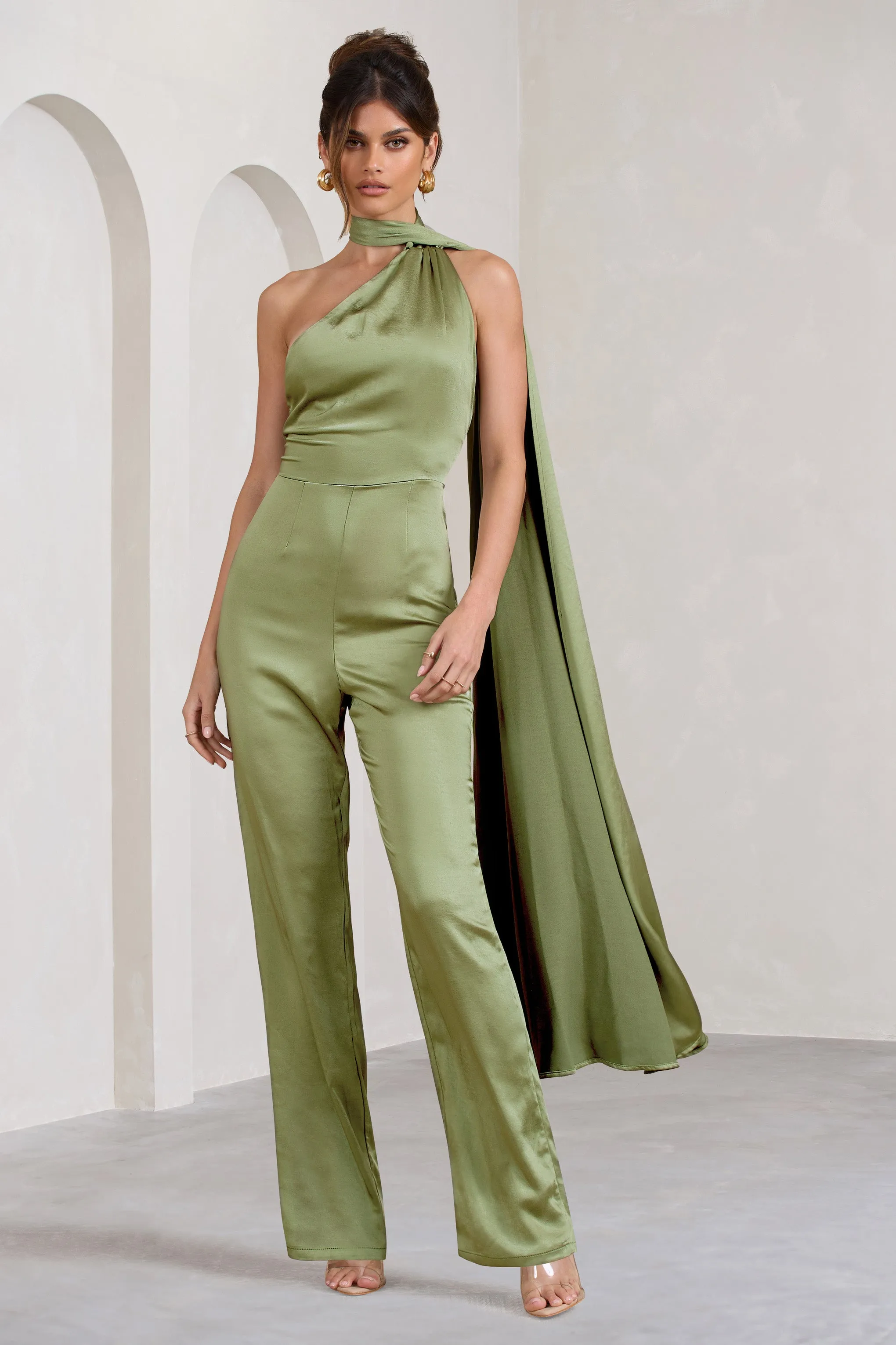 Cascada | Olive Green Satin Wide Leg Jumpsuit With Statement Scarf Neck