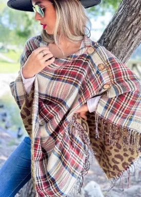 Ivory and Leopard Dual-Sided Reversible Poncho With Buttons