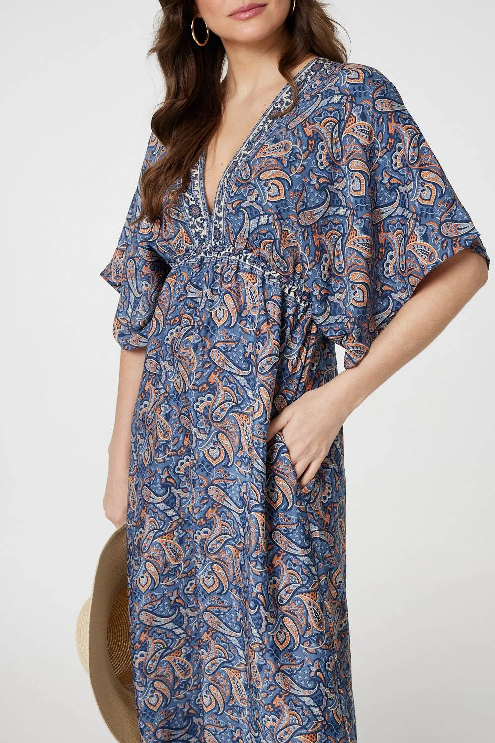 Paisley Print Kimono Sleeve Midi Dress