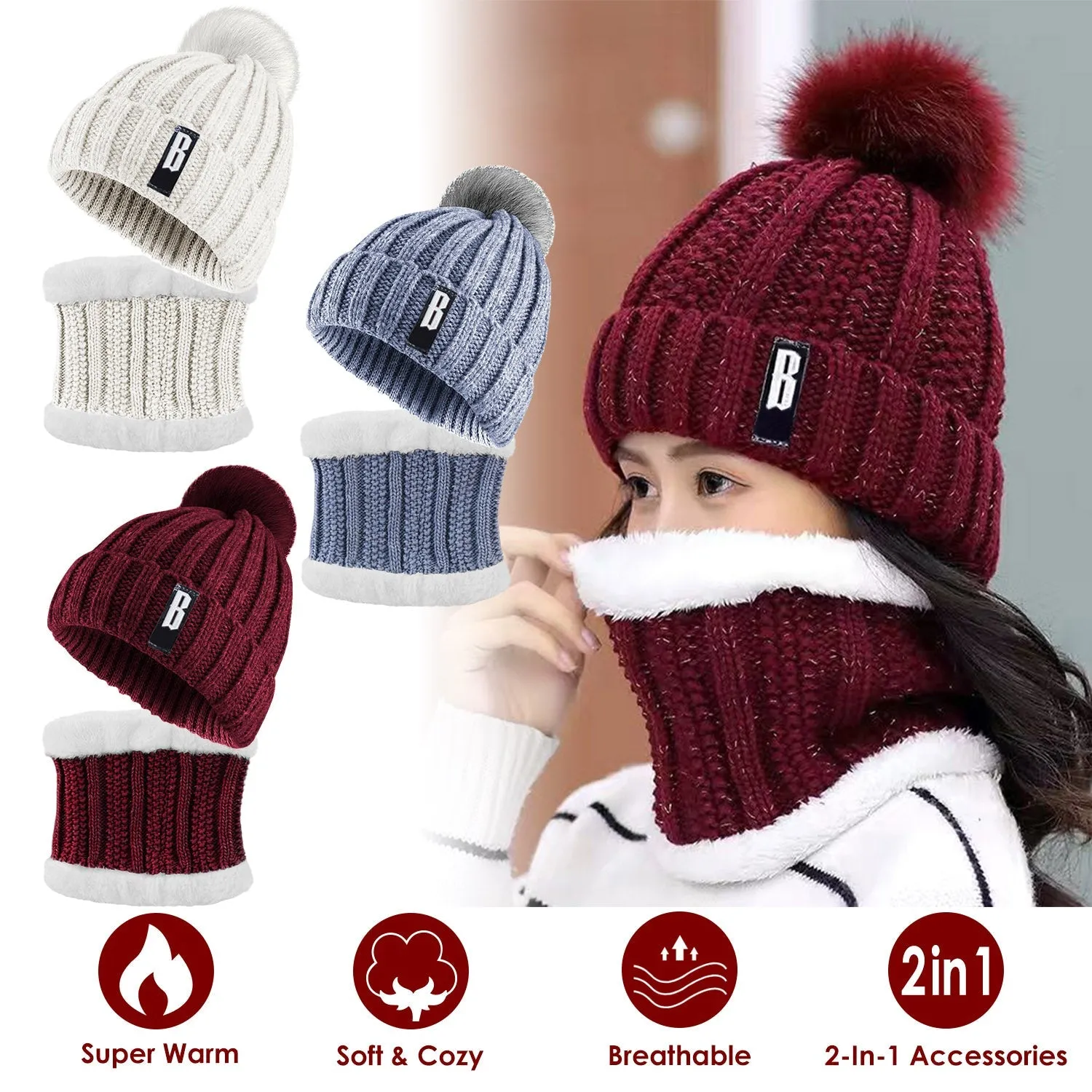 Winter Beanie Hat Scarf Set for Women